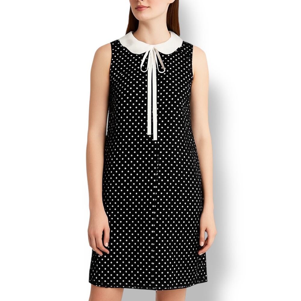 CeCe Retro Black White Polka Dot Dress Peter Pan Collar Whimsical Bow Tie Size 6 - Picture 1 of 11